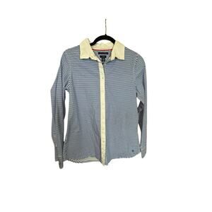 Tommy Hilfiger‎ Stretch Blue And White Blouse M Collar Long Sleeves Button Down